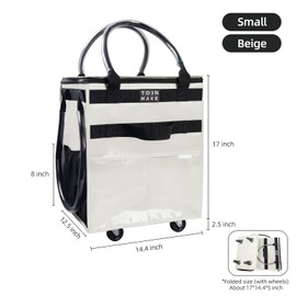 TOJNMAKE Reusable Grocery Bag On Wheels Shopping Trolley with 8 Pockets and Zipper Cover Foldable Rolling Tote, Heavy Duty Handles, Carries Up to 22 LBS (Small, Beige)