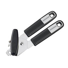 Fackelmann Dosenöffner 25770 20 cm SENSE mit rutschfestem und ergonomischem Soft-Touch-Griff, inklusive Kapselheber, Dosenlocher und Flaschenöffner (Farbe: Silber/Schwarz), Menge: 1 Stück