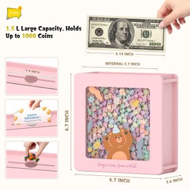 Summidate Wooden Piggy Bank for Kids Girls, Money Savings Bank with Clear Removable Windows and DIY Stickers, Kids Visual Cash Vault Box for Teens, Birthday
