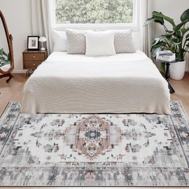 Joydeco 5x7 Area Rugs for Living Room, Machine Washable Vintage Area Rugs, Low Pile Non Slip Carpet, Lightweight Chenille Print Rug for Bedroom, Dining Room, Home Office, Grey White Red