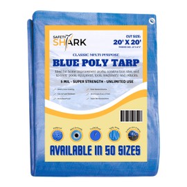 Safety-Shark Tarps Heavy Duty Waterproof - 20x20 Feet - 5 Mil Thick Poly, Classic Heavy Duty Tarp for Outdoor Weather Protection, Camping, or Pool Cover with Metal Grommets