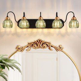 Vintage Bathroom Vanity Light, 5 Light Bathroom Lighting Fixtures Over Mirror, Mid Century Style Farmhouse Light Fixtures with Green Glass Shades, Black Finish Wall Mount for Bedroom, Living Room