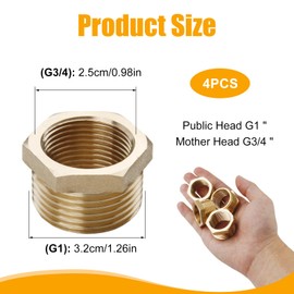 4 Pieces Reducer 1 Inch to 3/4 Inch Brass Reducer, Brass Hexagonal Reducer Adapter (Outer 32 mm & Inner 25 mm), Transition 1 Inch to 3/4 Inch Adapter for Conversion of Water Pipe Connections