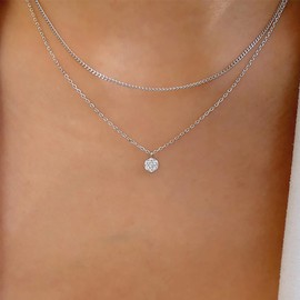 TseenYi Layered CZ Crystal Pendant Necklace Layered Silver Necklace Round Solitaire Pendant Necklace Sparkling Crystal Necklace Bridal CZ Necklace Chain Jewellery for Women and Girls