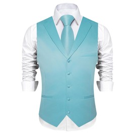 DiBanGu Formal Suit Vest Tie Set for Men Classic Solid Notch Lapel Dress Waistcoat Satin Vest Bowtie for Wedding Party, Turquoise Blue, XX-Large