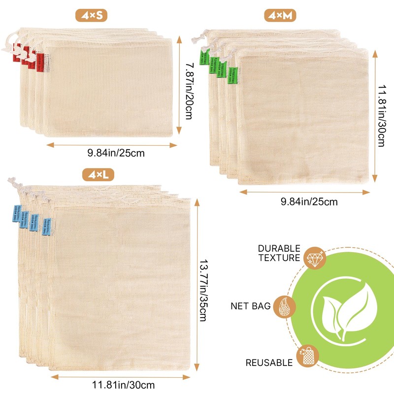 Ycsst 12 Pack Reusable Cotton Mesh Produce Bags - 100%
