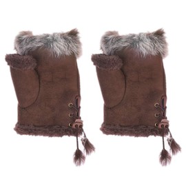 ITODA Women Suede Fingerless Gloves Touchscreen Warm Mittens Faux Fur Half Finger Thicken Winter Gloves Wrist Hands Warmer with Adjustable Elastic Band for Girls Women Ladies