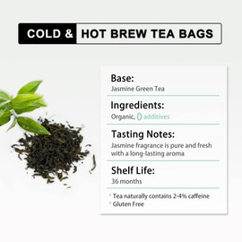 RIANTEA Organic Jasmine Green Tea, Cold & Hot Brew Iced Tea, Original Leafy Teabag, Naturally Unsweetened Low Caffeine Teabag, 2.5 OZ (72g), 36 count
