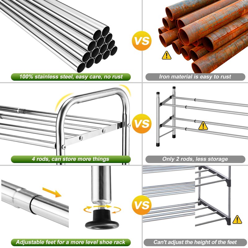 SKIKEN 3-Tier Stainless Steel Shoe Rack - 4-Rod Extendable &