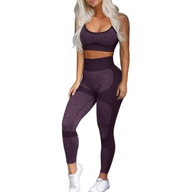 OLCHEE Women’s Workout Sets 2 Piece - Seamless Yoga Leggings and Cross-Strap Sports Bra Gym Outfits Activewear Matching Set - Eggplant Purple Large