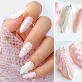 Sun&Beam Nails Handmade Press On Nail Medium Long Almond Oval Blue White Pearl Shell Fake Tip 3D Design Art Charms Cute with Storage Box 10 Pcs (Pink-L)