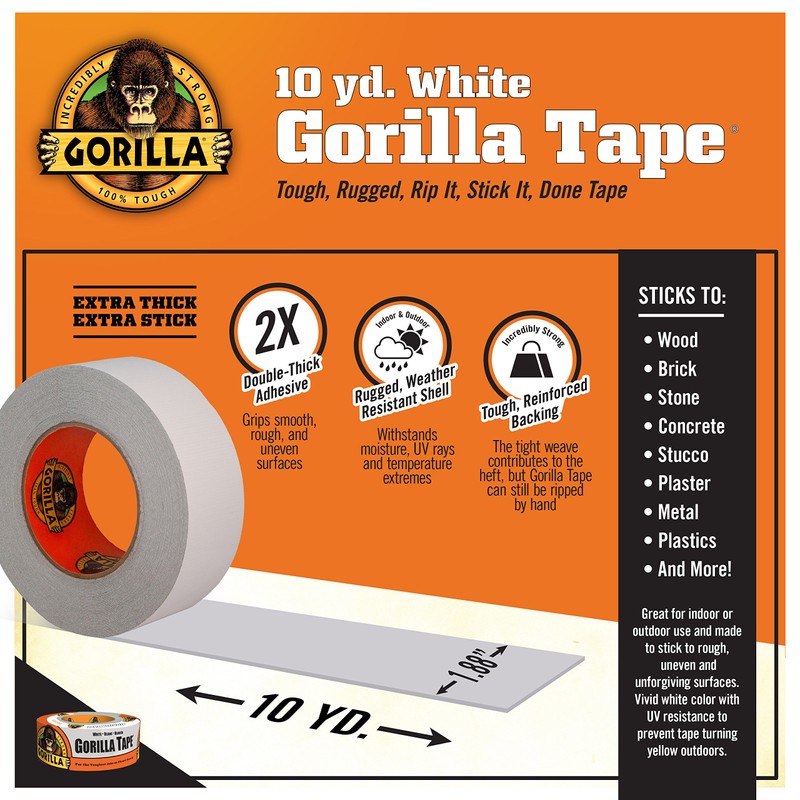Gorilla Tape, White Duct Tape, 1.88" x 10 yd, White,
