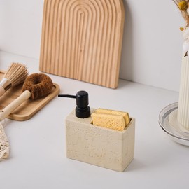 Beige Travertine Soap Dispenser with Sponge & Brush Holder – Hand & Dish Resin Soap Pump Bottle for Kitchen & Bathroom, 2-in-1 Countertop Organizer, with 2 Natural Sponges (Luxury Home Decor)