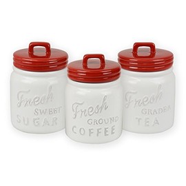DII 3-Piece Vintage, Retro, Farmhouse Chic, Mason Jar Inspired Ceramic Kitchen Canister With Airtight Lid For Food Storage, Store Coffee, Sugar, Tea, Spices and More - Red