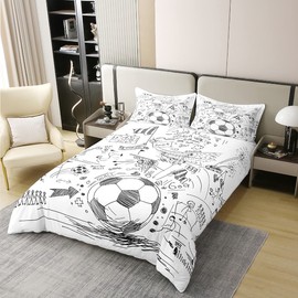 100% Organic Cotton Football Comforter Cover, Hand Drawn Sketch Soccer Flag Network Team Sports Duvet Cover for Boys Teens Men, Decorative 2 Piecce Bedding Set, Twin Size, White Black, No Comforter