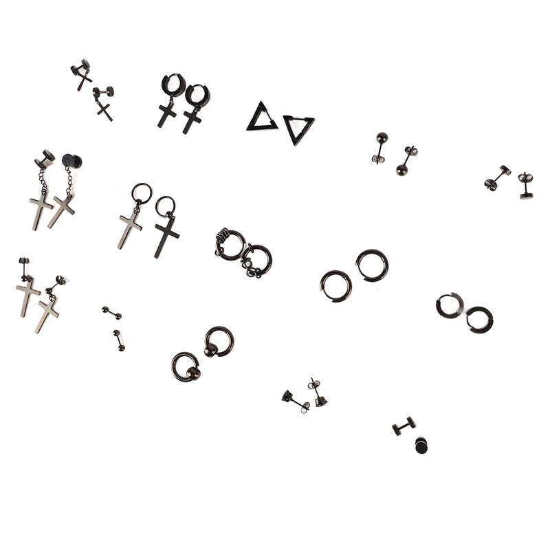 15 Pairs Earrings Set Black Stainless Steel Ear Studs Men