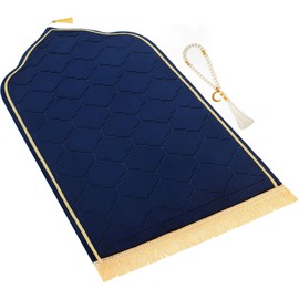 YAZEIN Muslim Prayer Rug with Tasbih Prayer Beads, Soft Memory Foam Prayer Matt Islam, Padded Islamic Prayer Mat Thick for Men and Women, Janamaz, Sajadah (25.6" x 43.3", Navy Blue)
