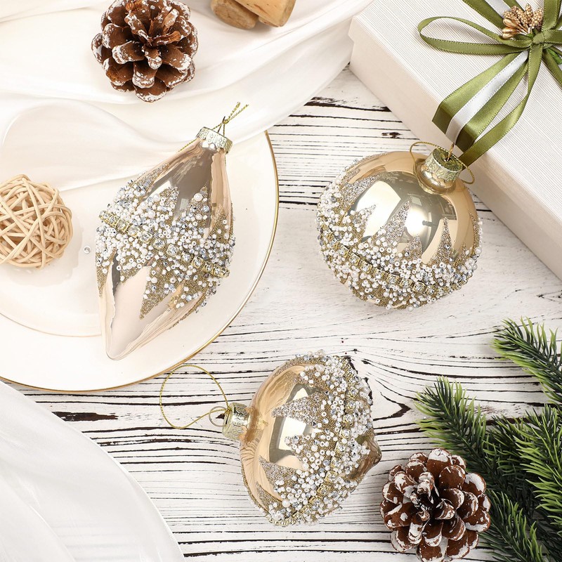 Soulchen 3 Pcs Christmas Glass Ball Ornaments Beaded Sequined Glitter
