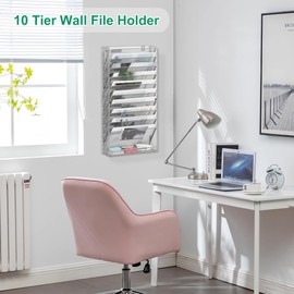 Solinxe 10-Tier Wall File Organizer, Hanging Mail Organizer Wall Mounted Paper Document Holder, Metal Clipboard Storage Basket for Office Home School Organization, Silver