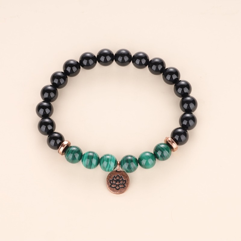 COAI Yoga Bracelet with Lotus Flower Charm, Schorl Malachite, malachite