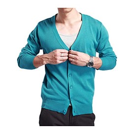 HaoMay Mens Slim Lightweight Cashmere V Neck Button Down Knit Cardigans Sweater (Medium, Azure)