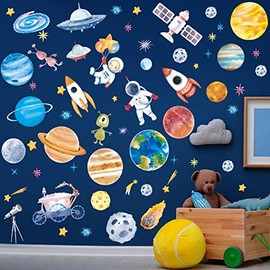 Zonon - 6 hojas de pegatinas de pared para astronauta del espacio exterior, planetas espaciales, calcomanías para sistema solar, galaxia, astronauta, cohete, alienígena, mural de pared para niños