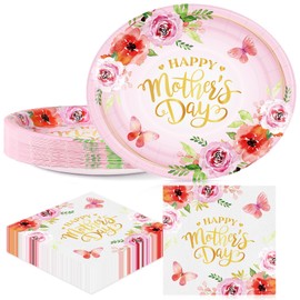 50Pcs Mothers Day Paper Plates and Napkins, Happy Mother's Day Party Supplies Serve 25 Guests 10" x 12.5" Large Oval Plates and 6.5'' Napkins, Disposable Dinnerware Set, Paper Plate Tableware Set