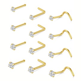 FASHGOOD 12Pcs 20G Stainless Steel Nose Rings Studs Straight Screw L Shaped Nose Piercing Jewelelry 1.5mm 2mm 2.5mm 3mm Diamond CZ Gold Nose Stud