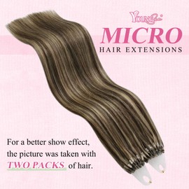YoungSee Micro Ring Hair Extensions Brown 14inch Micro Loop Hair Extensions Dark Brown with Blonde Highlight Pre Bonded Cold Fusion Natural Looking Short Straight Hair 14inch 50s 50g