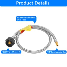 GGC 3 FT Stainless Braided RV Propane Pigtail Hose (2PCS) QCC1 Connector with 1/4'' Inverted Male Flare
