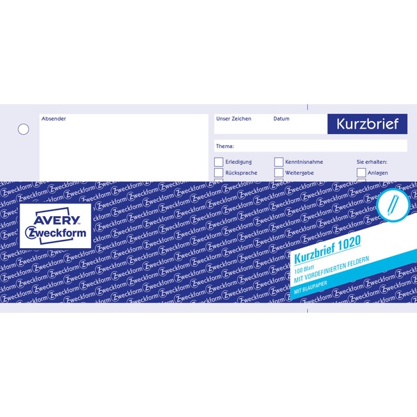 Avery Zweckform 1020 KURZBRIEF A4 Punched (1/3) – 100 Sheets