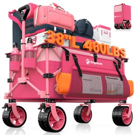 Originsure 220L Collapsible Wagon Cart Foldable, 460LB Load Capacity Heavy Duty Folding Beach Wagons with Big All-Terrain Wheels, Utility Carts for Groceries, Camping, Sports - Pink