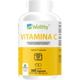 Wellthy Vitamina C 360 Cápsulas. 300mg, Solo 1 Cápsula al día, Casi un Año de Consumo, VCaps Capsulas Veganas. Hecho en Planta Certificada
