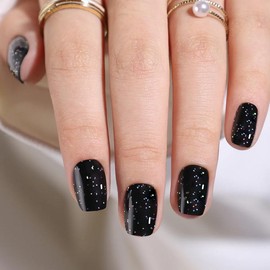 Glistening Black Sparkle Press On Nails | CurvLife Nail | 24pcs Medium Square Fake Nails | Sleek Finish with Starry Glitter & Rich Dark Tone | Easy to Apply, Comfortable & Long-Lasting | Ideal for Night Outs, Concerts, Parties & Fashionable Events:_Pink Opal Gleam
