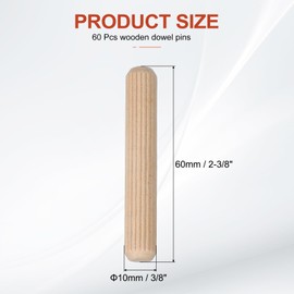 PATIKIL Wooden Dowel Pins 3/8" x 2-3/8" (10mm x 60mm) Straight Dowel Rods Wood Fluted Dowels Rods for Crafts Furniture DIY Hardwood Count 60