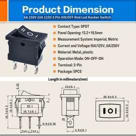 OURUI 5 Pcs Boat Rocker Switch On Off On 3 Pin 3 Position SPDT AC 250V 6A 125V 10A, Snap Toggle Switch for Boat Car Auto Household Appliances