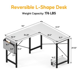 L Shaped Desk Gaming Computer 50 Inch Reversible Corner Table PC for Writing Study Student with Wood Tabletop Metal Frame CPU Stand Side Bag for Home Office Small Place, White