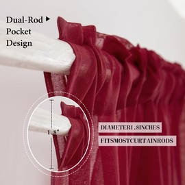 MIULEE - Cenefa transparente de cocina de color rojo borgoña para ventana de Navidad con aspecto de lino, para sala de estar, ventanas, cenefa de gasa, bolsillo para barra. 1 panel (54 pulgadas de ancho x 18 pulgadas de largo)
