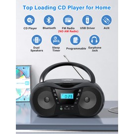 Greadio Boombox Portable CD Players for Home with Bluetooth, Boom Box CD Player FM Radio Combo, Stereo Sound, AC/Battery Powered, CD/CD-R/RW Compatible, Support AUX/USB/Headphone, Timer, Repeatable