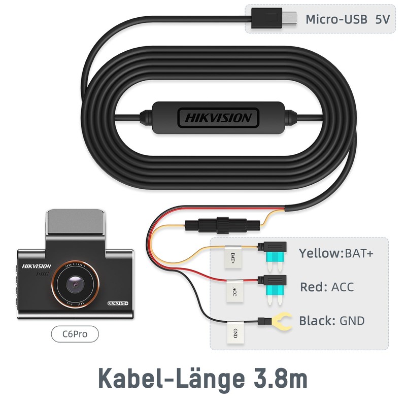 Hikvision C6PRO Buckline, Micro Hardwire-Kit, 12.5ft/3.8 Meter Auto-Ladekabel-Kabel, Parküberwachung mit
