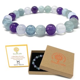 Pisces Zodiac Crystal Bracelet - Power Bead Bracelet - Zodiac Birthstones - Gift Box & Pisces Tag - Aquamarine, Blue Lace Agate, Fluorite, Amethyst
