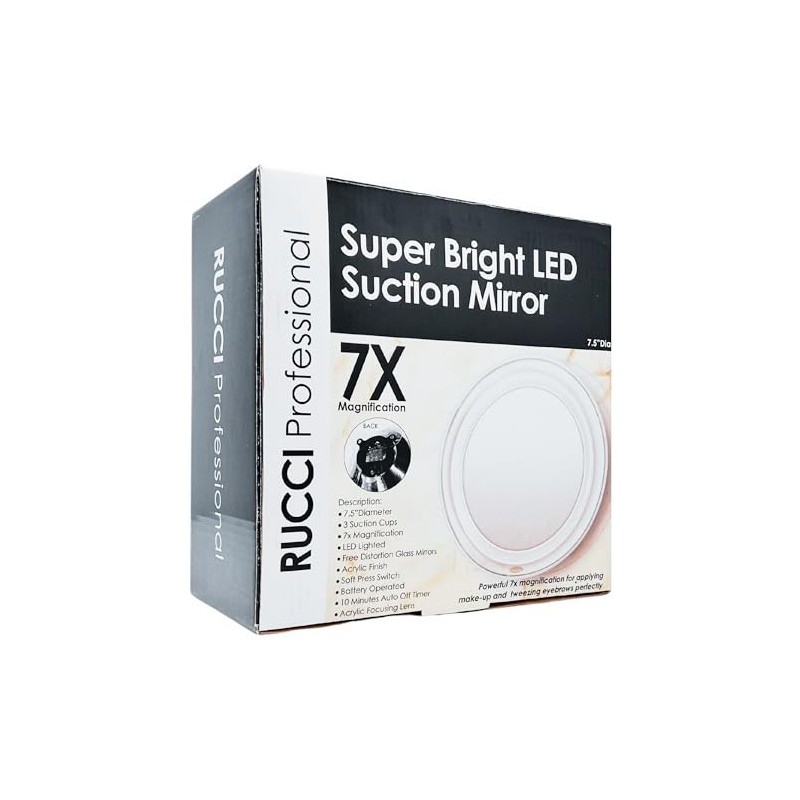 Rucci Super Bright LED Lighted Suction Mirror, 7X 7" Edge-to-Edge