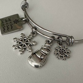 Winter Snowflake Charm Bracelet - Stainless Steel Bangle with Snowman and Let it Snow Charm - Holiday Jewelry for Christmas Gifts