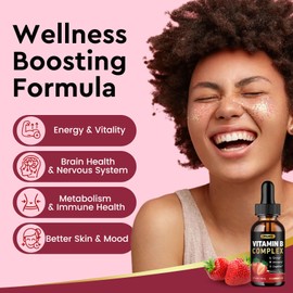 CFILIHTC Vitamin B Complex Liquid Drops, B Vitamins Complex Supplement with B1, B2, B3, B5 B6, B7, B9 & Methyl B12 Drops for Adults & Kids, Vegan, Strawberry Flavor