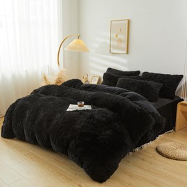 ERLOXO Fluffy Black Faux Fur Comforter Cover Set Twin，Fluffy Fuzzy Plush Black Bedding 2Pcs (1 Faux Fur Duvet Cover +1 Fuzzy Pillowcases) Black Bed Set Twin(Black, Twin)