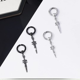 Non-Piercing Clip On Black Punk Sword Dangle Drop Small Hoop Earrings for Men Women Fake Pierced Kpop Religious Christian Hypoallergenic Stainless Steel Hanging Cool Birthday Bff (Silver)
