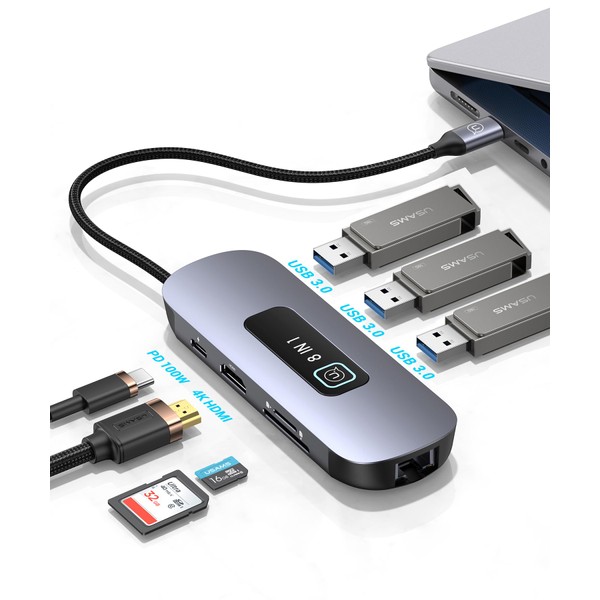 USB C Hub Change Adapter 8-in-1 Multiport Type-C to USB 3.0 4Khdmi RJ45 lan PD100W Change Connector Type c Port Extension hub /4K HDMI+USB3.0*3+100wPD Charging Type-c+SD+TF Card Reader +RJ45 Lan 1000mbps/ Mac Book/Pro 2016+ Mac Book Air 201 Compatible wi
