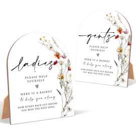 2 Pack Wildflower Bathroom Basket Ladies & Gents Signs, Wedding Ceremony Sign, 6 x 8 Inch Arch Wooden Tabletop Sign with Stand, Wedding Reception Decoration Supplies (AG12)