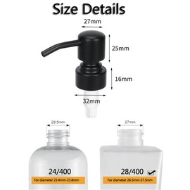 2Pcs Soap Dispenser Pump Replacement Matte Black Stainless Steel Hand Soap Dispenser Pump Head for Regular Mouth Bottles for Liquid Hand Soap Shampoo Shower Gel Standard 28/400 Neck Size