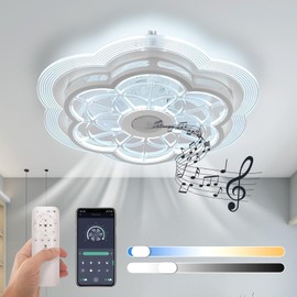 Ceiling Fan with Lights Remote Control, Enclosed flower light fan, with Bluetooth Speaker 3 Colors Dimmable 6 Speeds, Flush Mount Bladeless Petal Chandelier APP Control 19.6 In for Bedroom, Indoor
